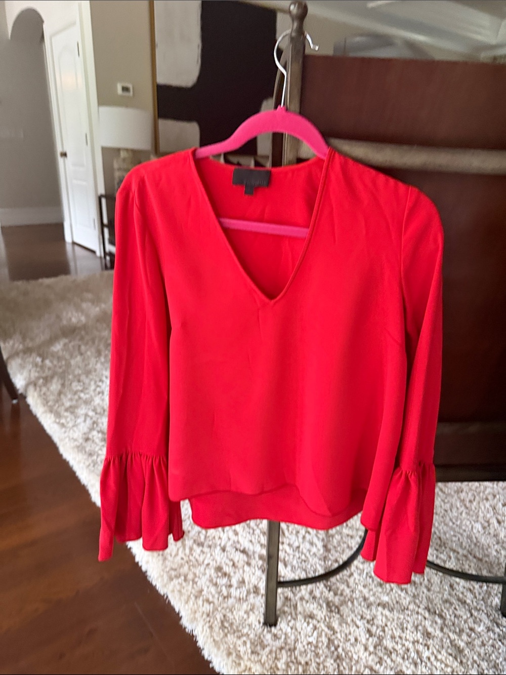 Intermix Women's V-Neck Ruffle Sleeve Blouse - Red